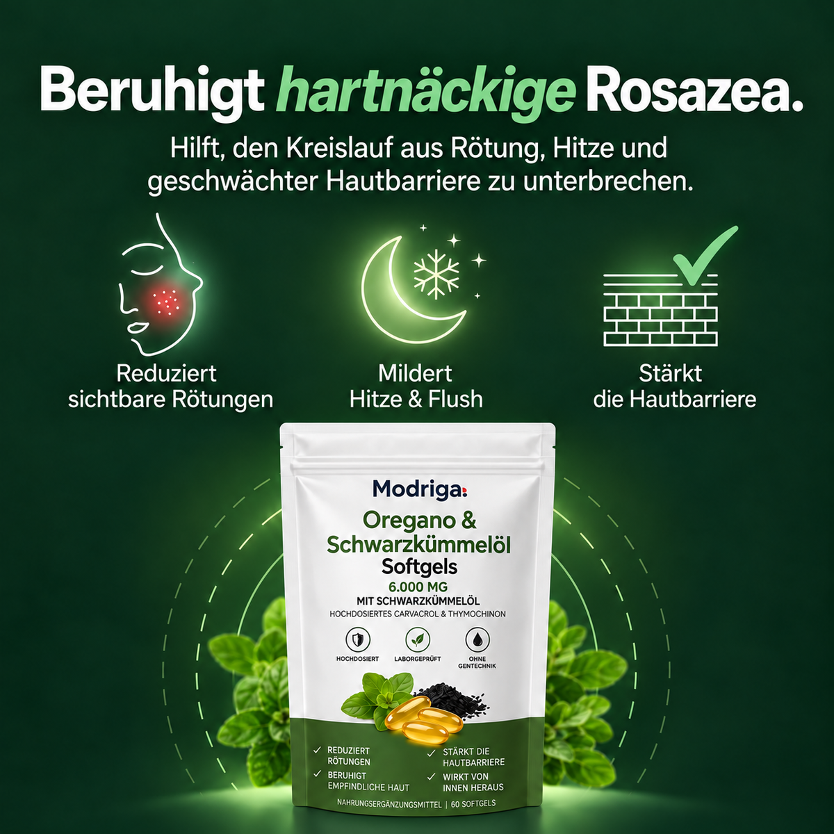 MODRIGA OREGANO- & SCHWARZKÜMMELÖL – BERUHIGT ROSAZEA VON INNEN HERAUS