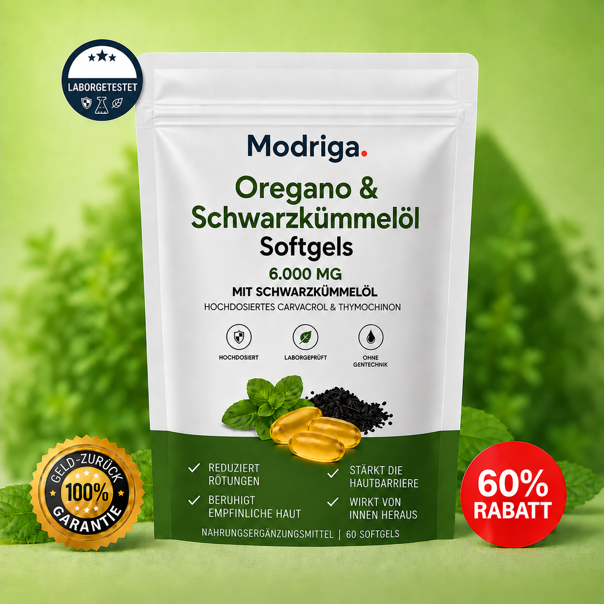 MODRIGA OREGANO- & SCHWARZKÜMMELÖL – BERUHIGT ROSAZEA VON INNEN HERAUS