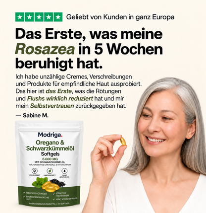 MODRIGA OREGANO- & SCHWARZKÜMMELÖL – BERUHIGT ROSAZEA VON INNEN HERAUS